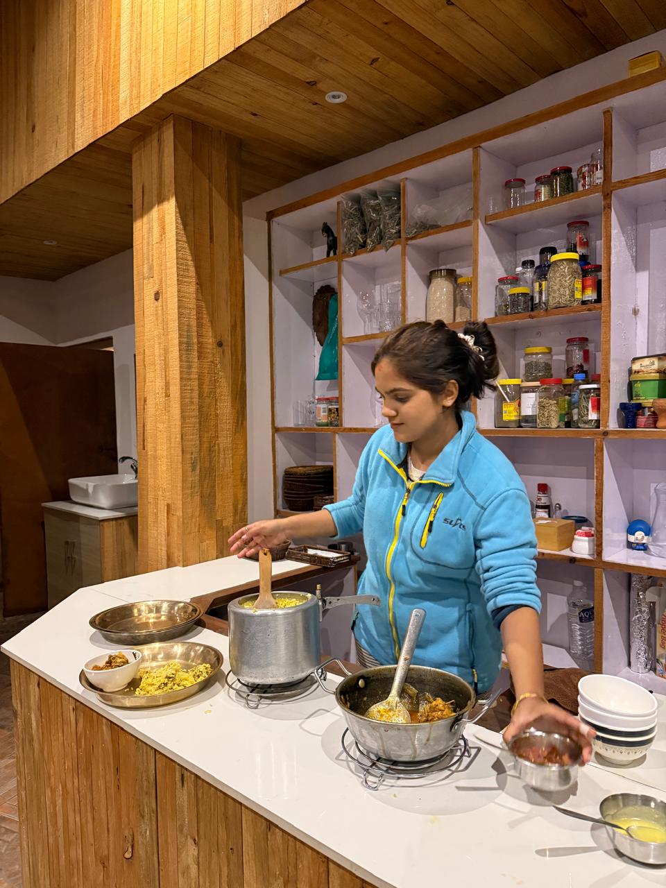 Cooking the set dinner in the open kitchen