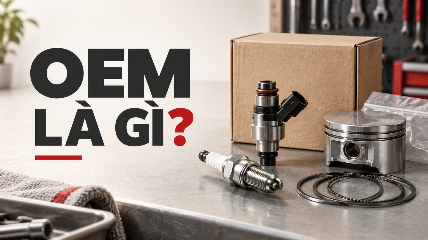 Ảnh minh họa “OEM là gì?” với kim phun, bugi, piston và xéc măng trên bàn làm việc.