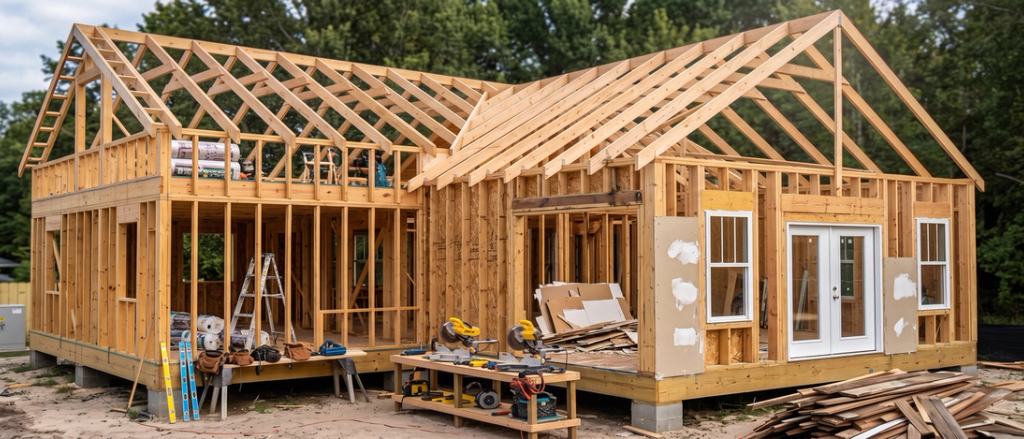 New construction framing in progress on a home addition