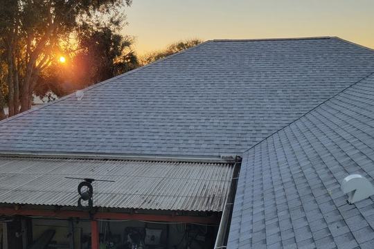 Re-roof after photo: completed roof replacement with the new roof surface installed, view 1 of 4