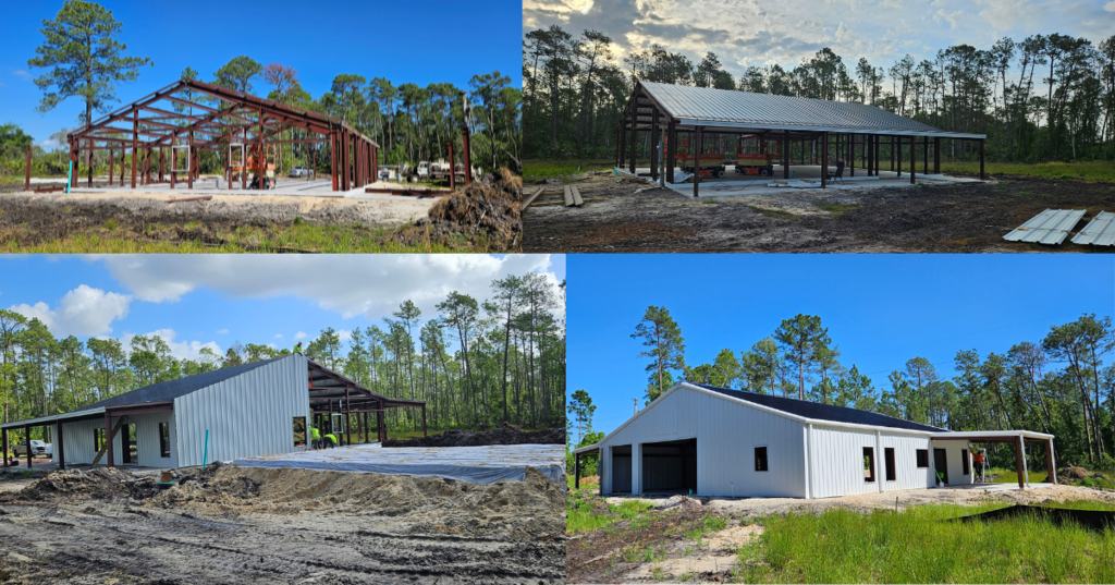 Barndominium new build process photo: the building under construction with the exterior build in progress