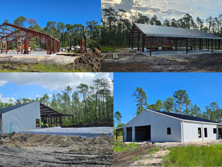 Barndominium new build process photo: the building under construction with the exterior build in progress