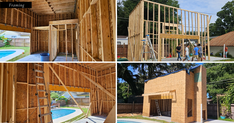 New home build framing photo: the wood framing stage of the new home taking shape