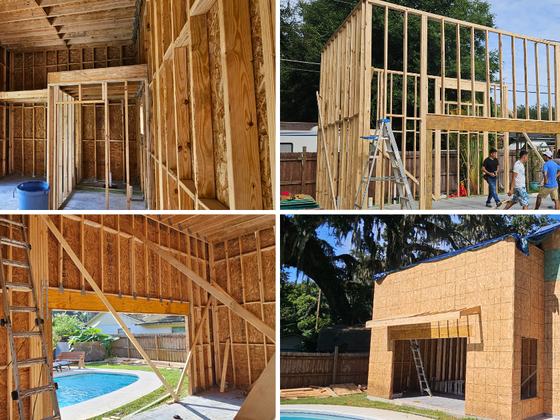 New home build framing photo: the wood framing stage of the new home taking shape