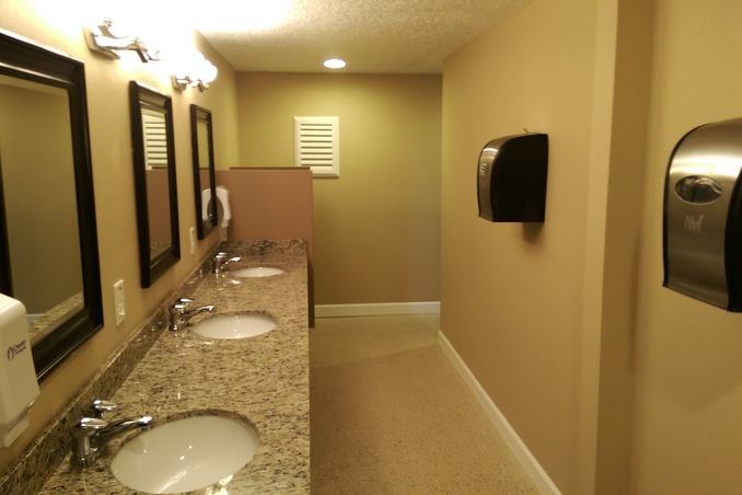 Pool house bathroom remodel after photo: the remodeled pool house bathroom finished, view 1 of 2