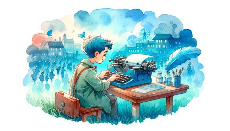 Cute drawing of a boy writing on a typewriter.