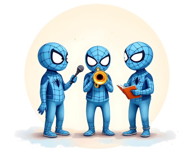 Three cute blue spidermen finding out the meaning of transcription.