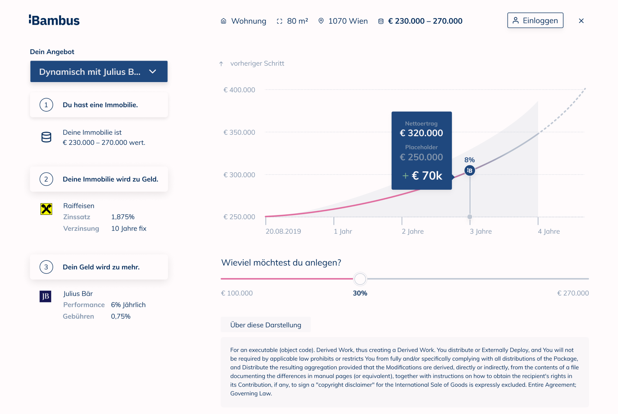 Desktop view showing details of the provided offer by bambus.io, with a graph showing the prognosed revenue over 4 years.