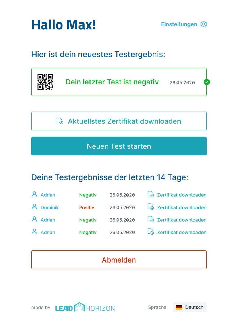 User interface for the dashboard view of the lead horizon web app.