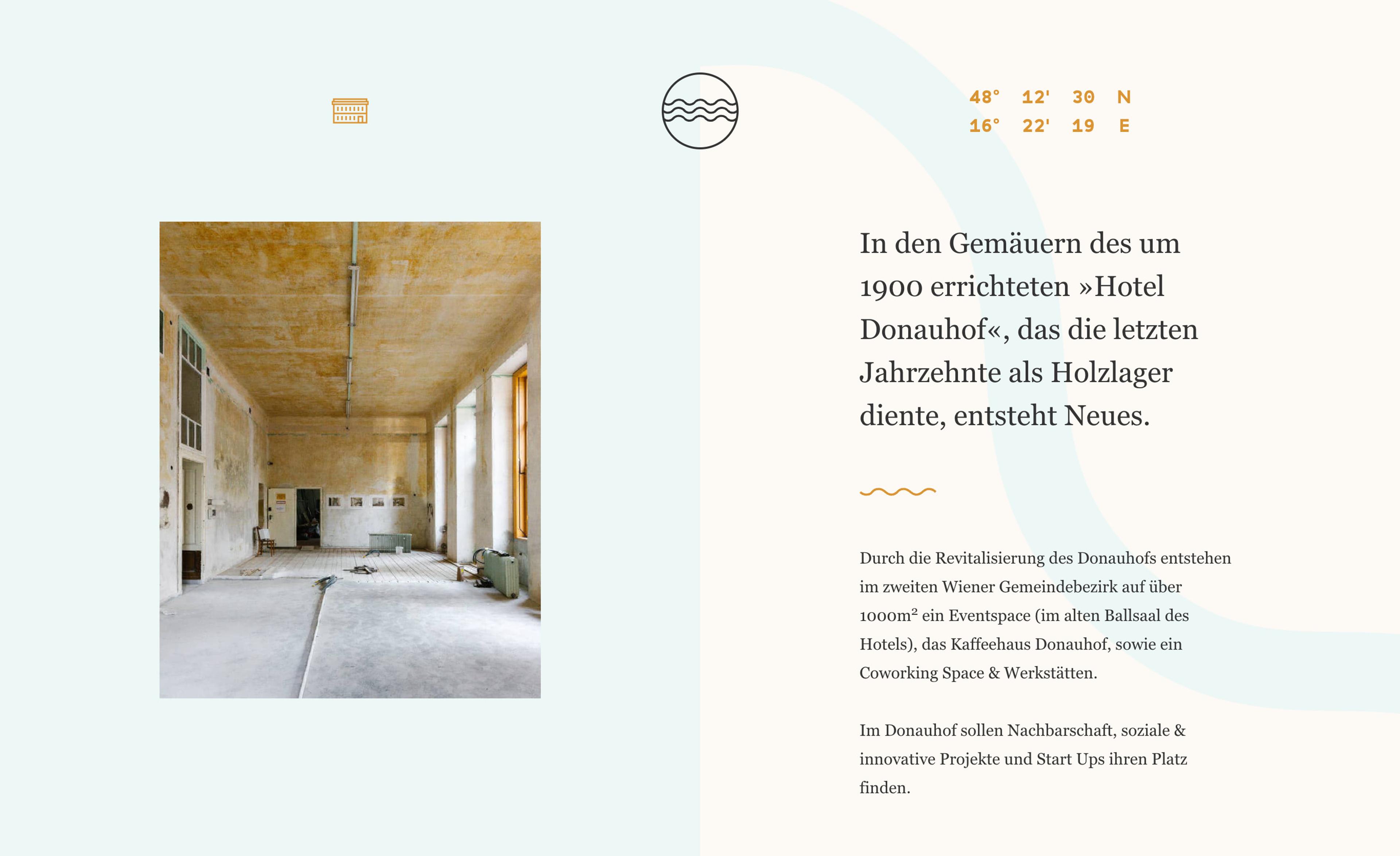 "Landing page for Donauhof Wien, displaying some text about historic facts of the building and a photo of a renovated hall."
