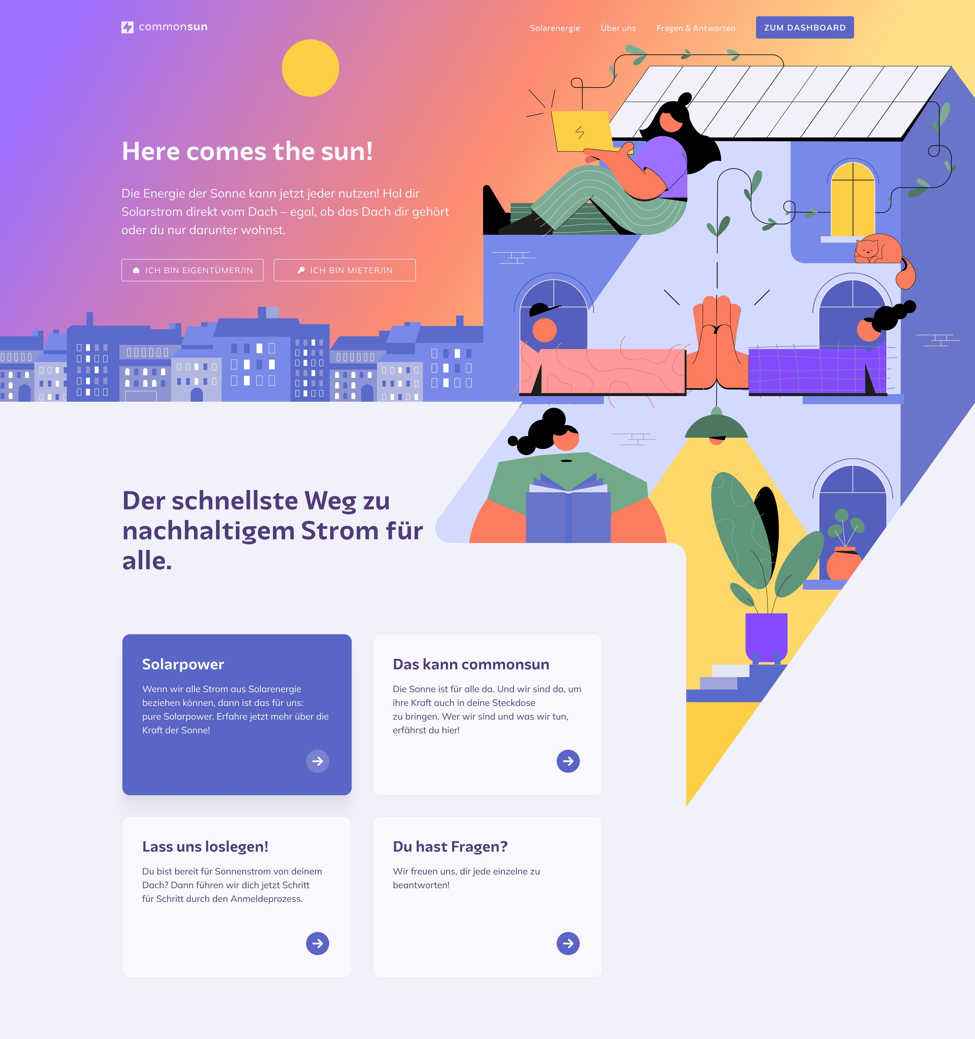 "commonsun landing page with illustration of people in house"