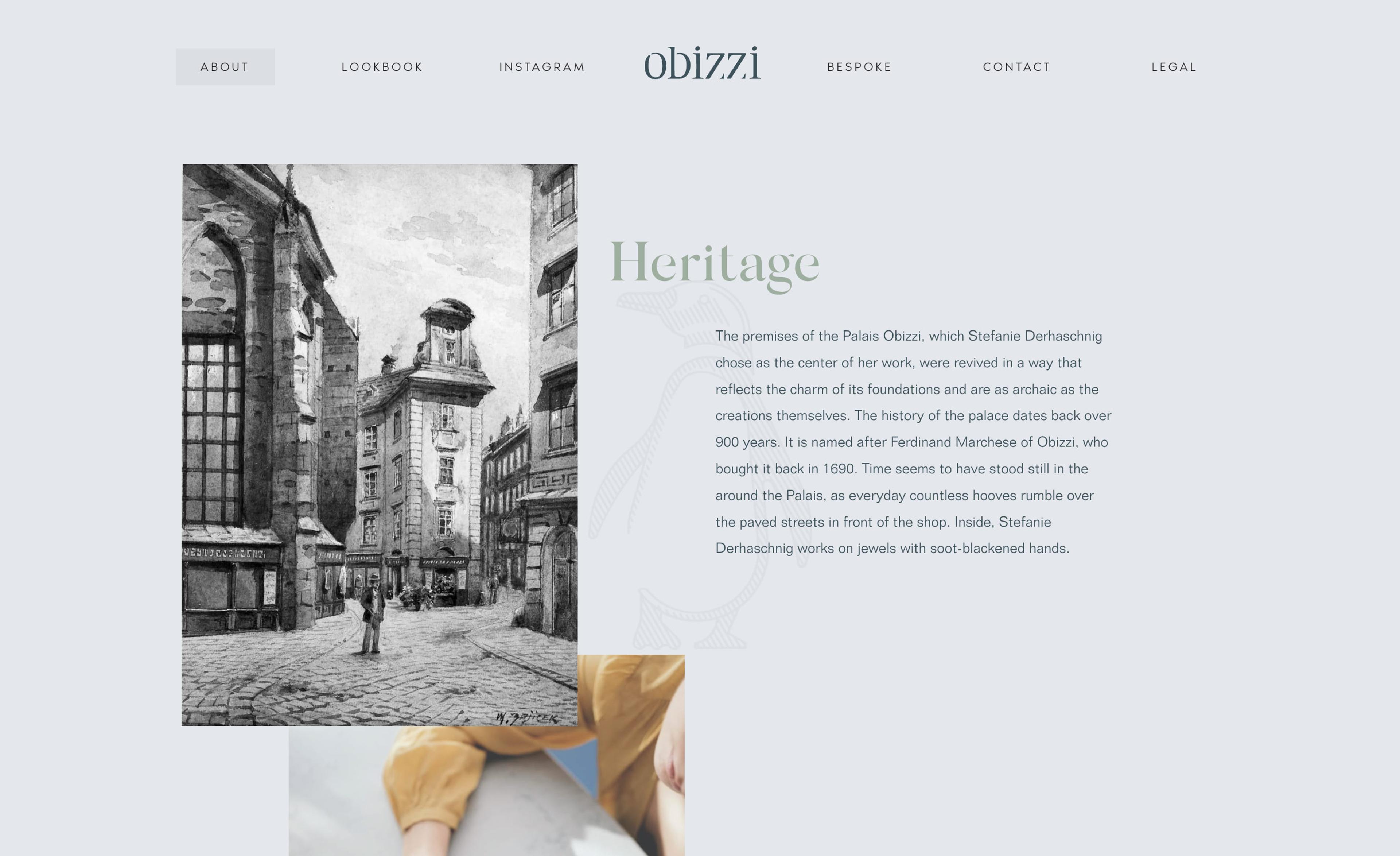 "Landing page for Obizzi Goldsmithery in Vienna, showing a historic drawing of the building it is located in."