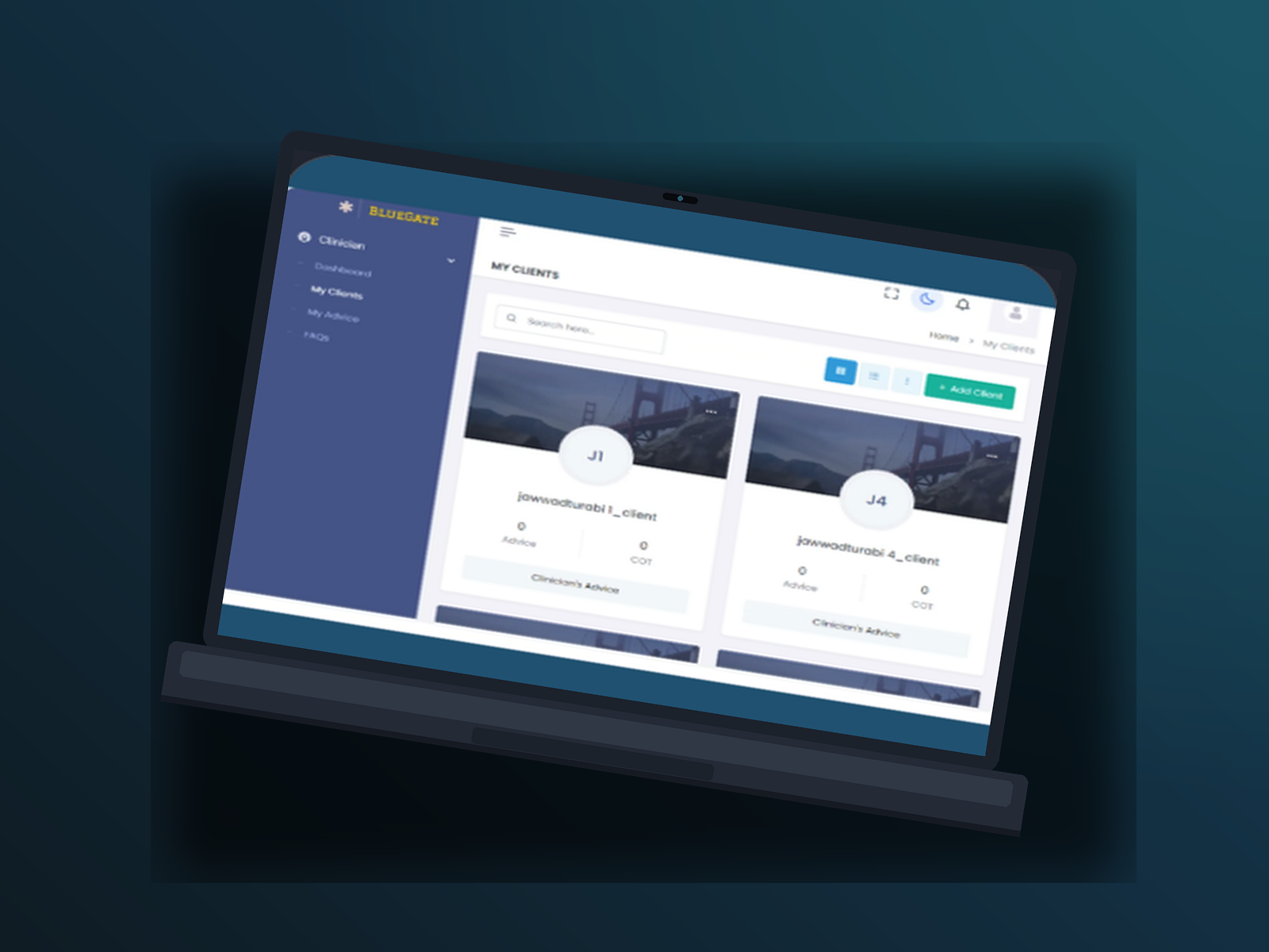 Showcase — Health Share clinician My Clients on a laptop mockup