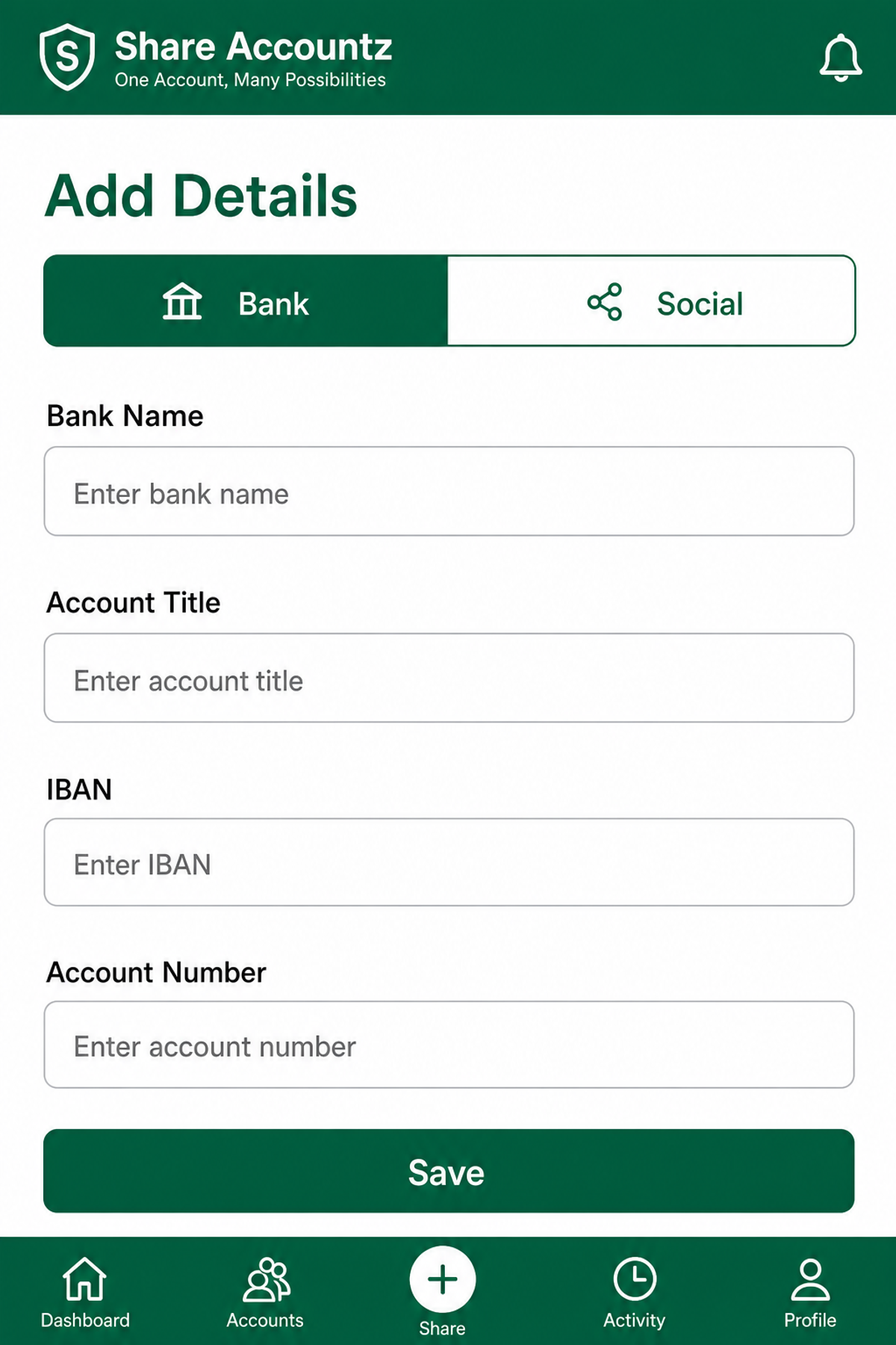 Mobile app — Add bank and social details