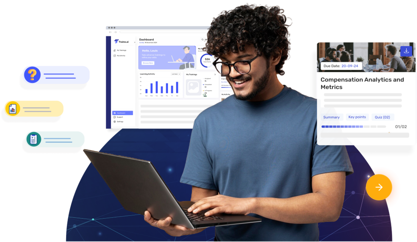 Product visual — learner dashboard, training card, and AI assistant