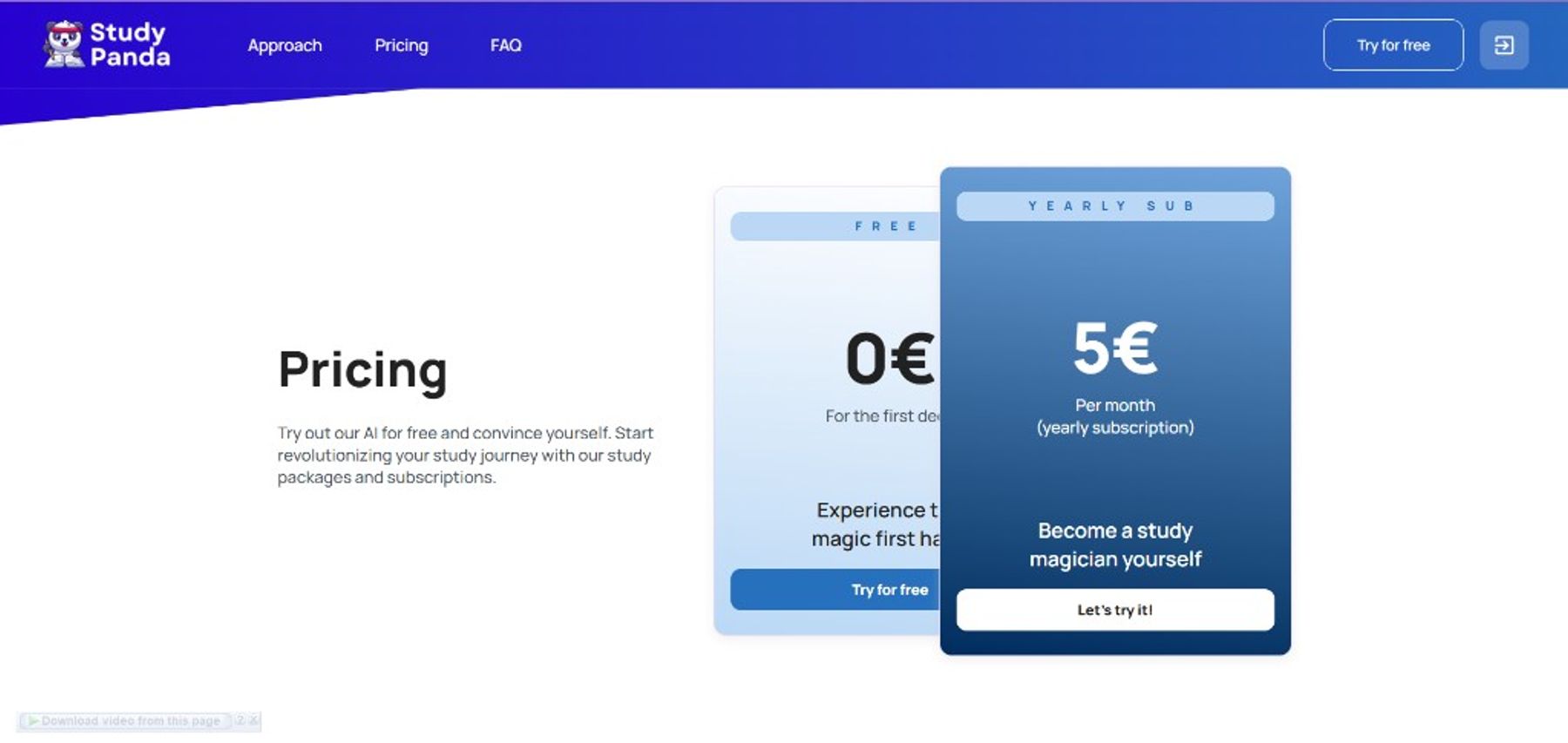 Website — Free and yearly subscription plans