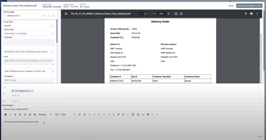 Create load from delivery order — PDF viewer, extracted fields, and email reply