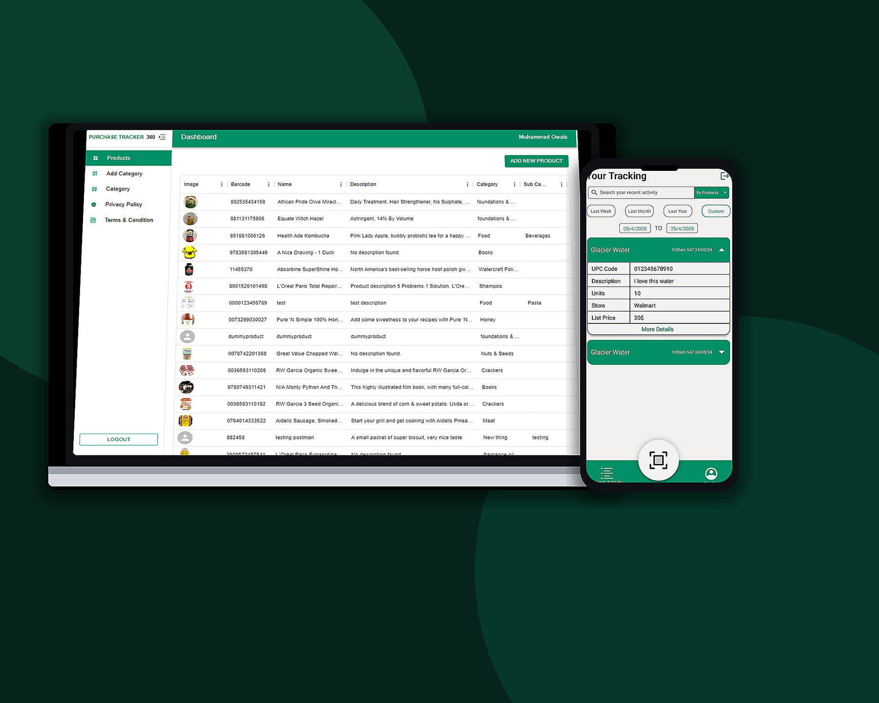 Showcase — Purchase Tracker 360 web admin and mobile app