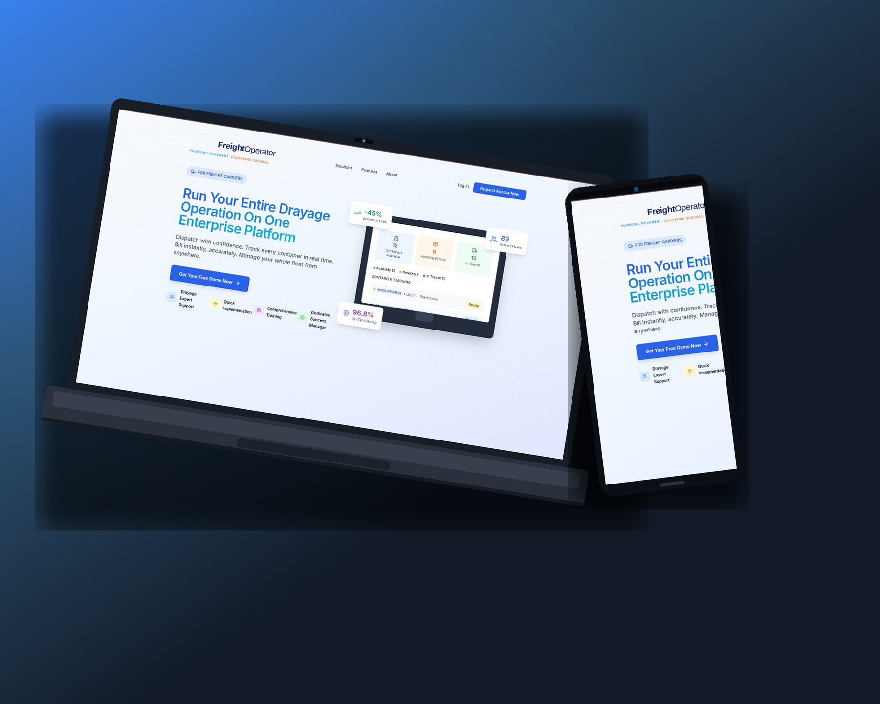 Showcase — Freight Operator landing on laptop and mobile