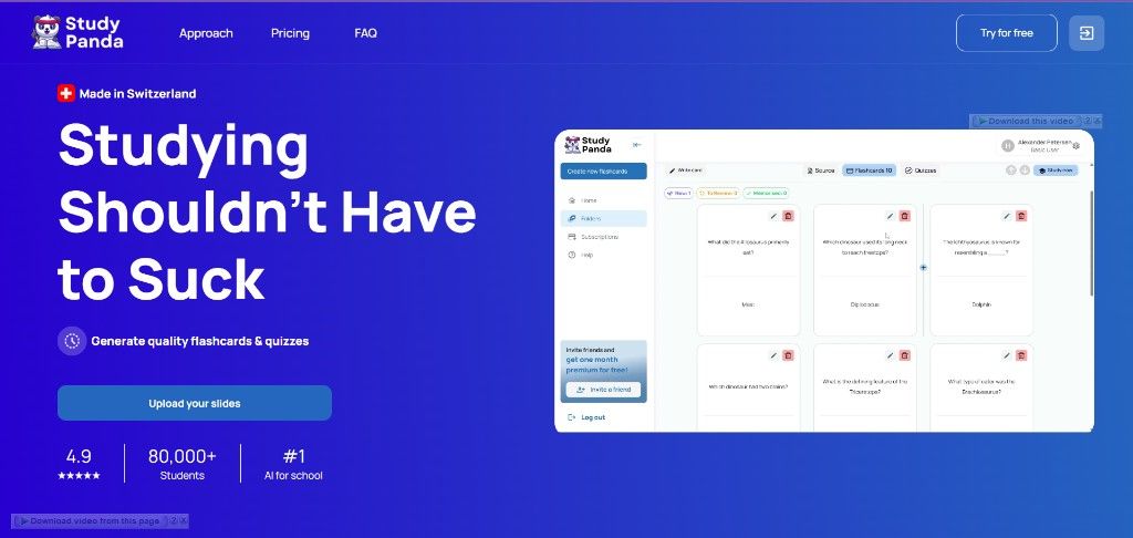 Showcase — Study Panda landing with flashcard workspace