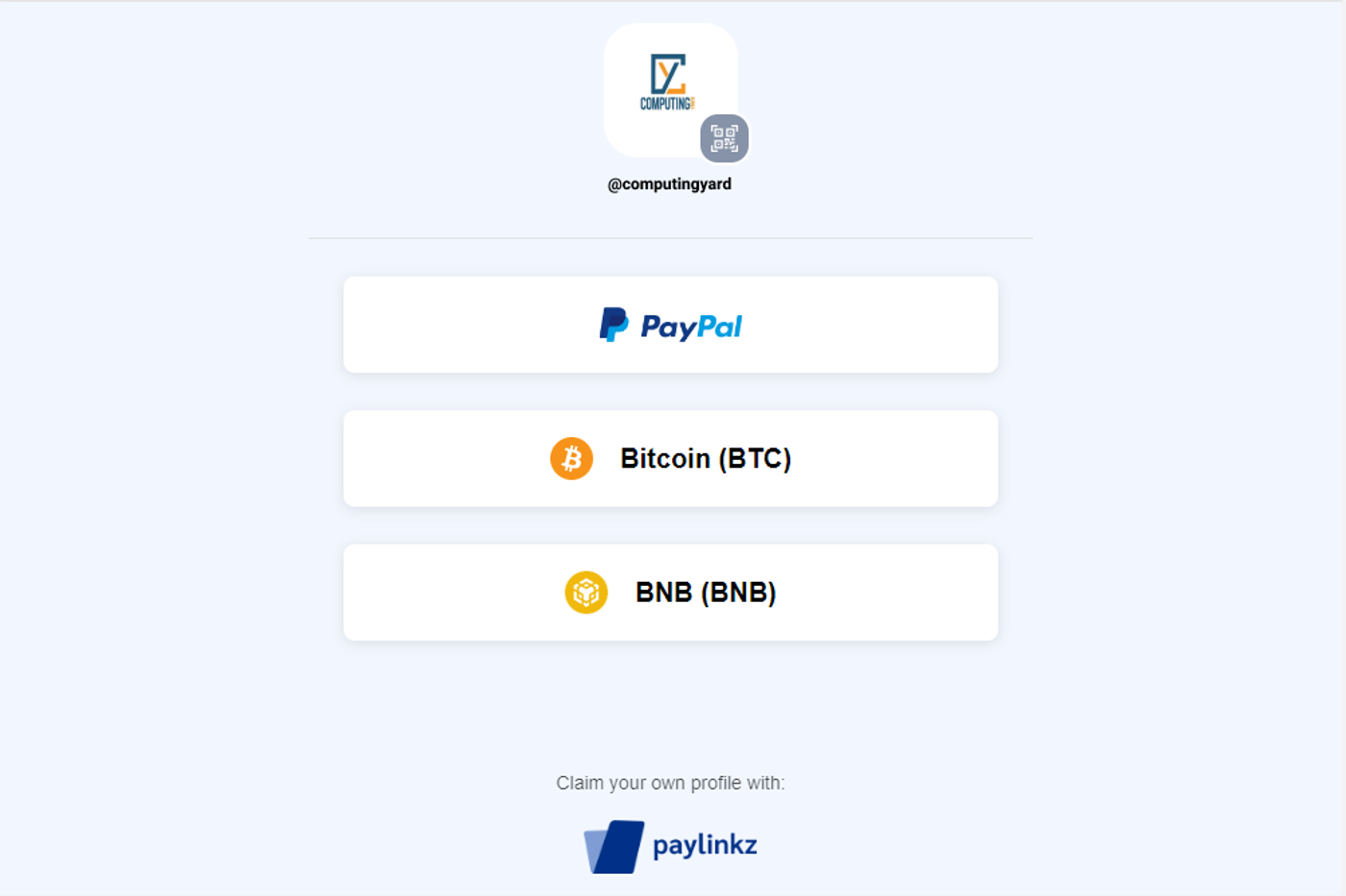 Payment Profile — Public PayLinkz page with PayPal and crypto payment buttons