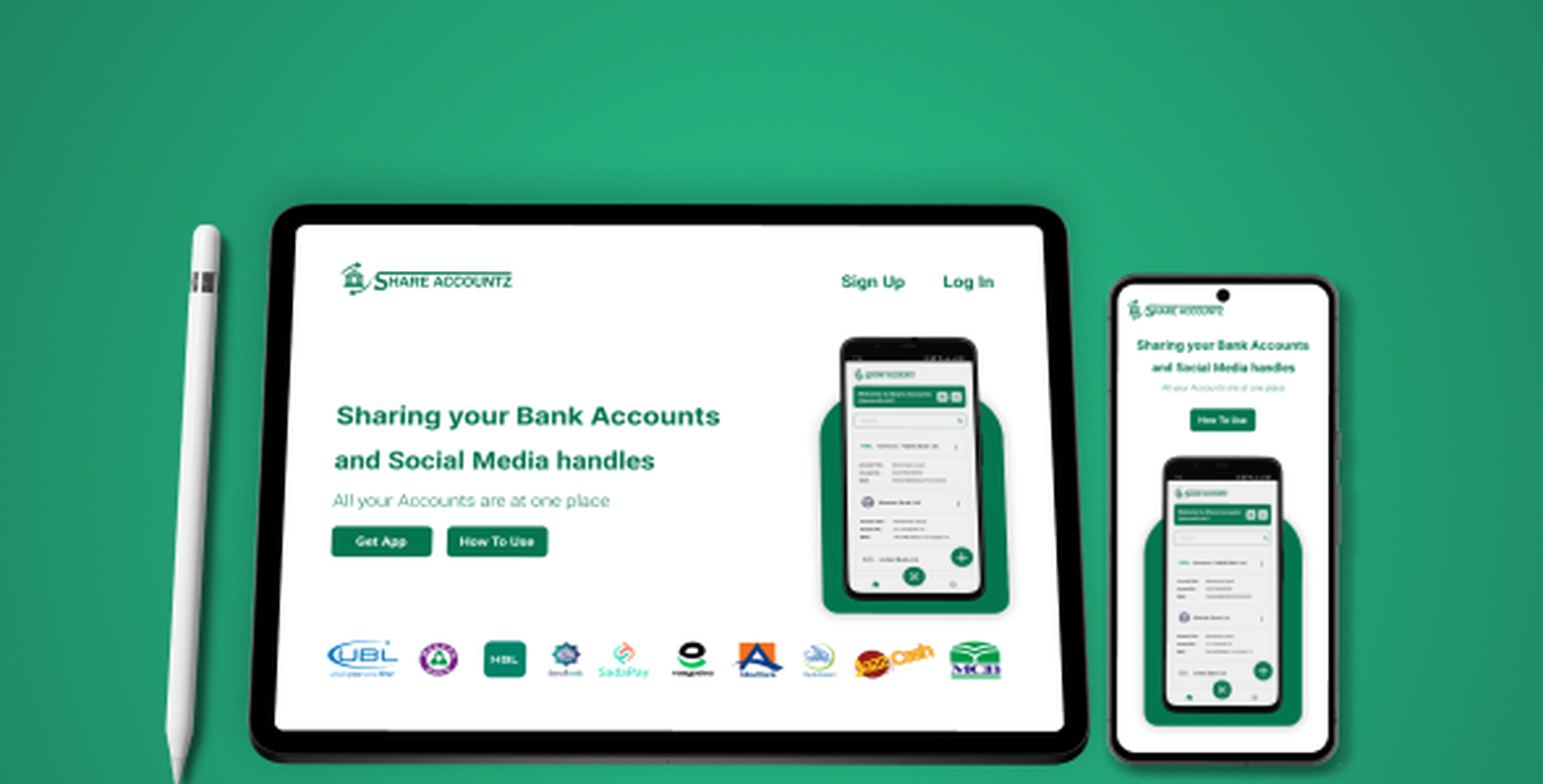 Showcase — Share Accountz tablet and phone landing