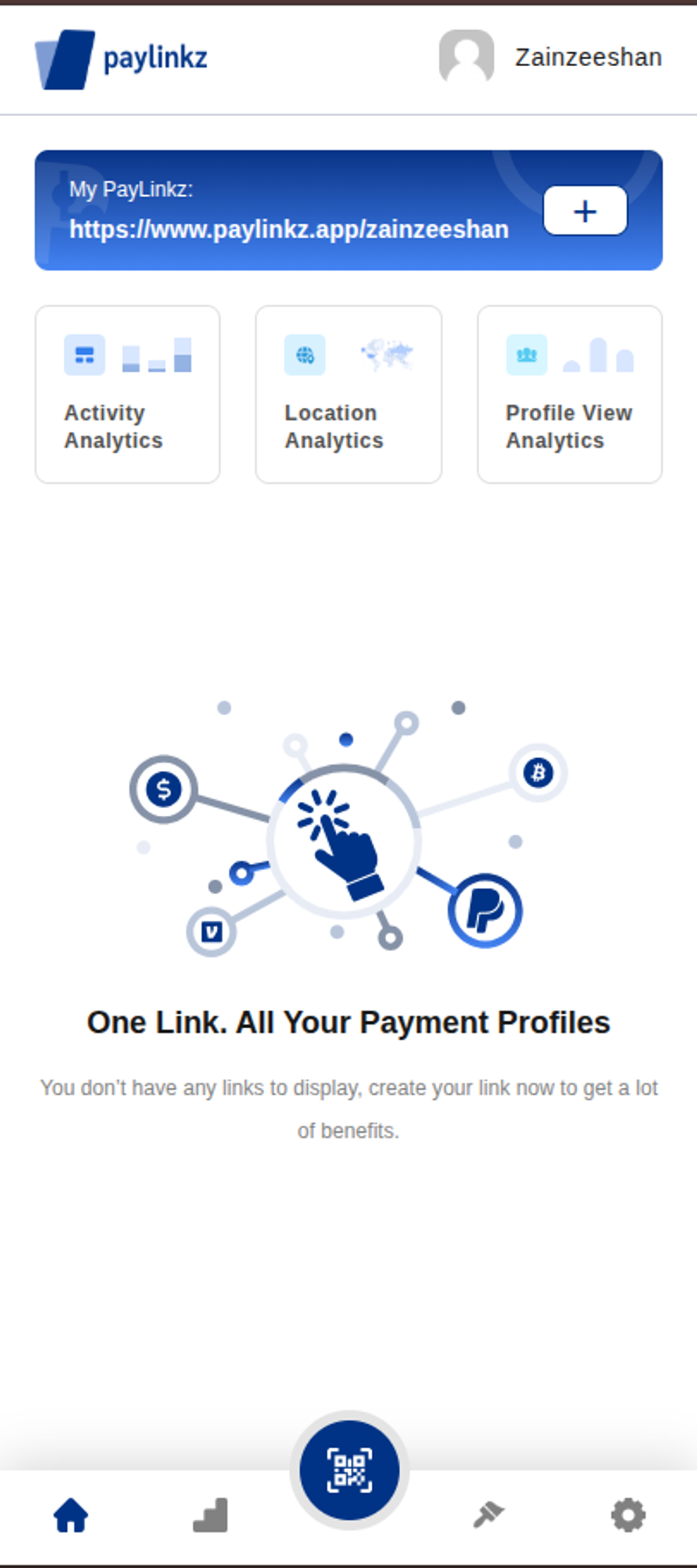 Dashboard — Mobile app home with PayLinkz URL and analytics