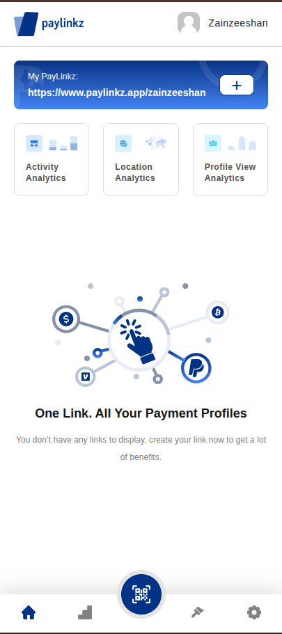 Dashboard — Mobile app home with PayLinkz URL and analytics
