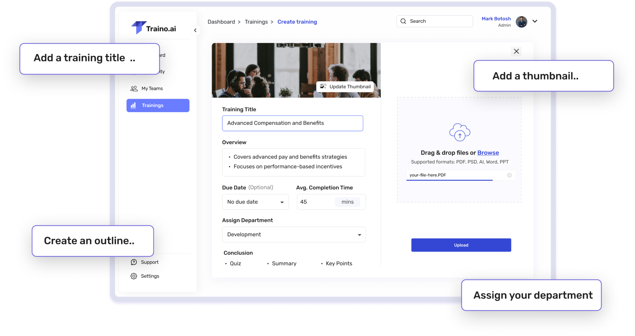 Create training — title, overview, department assignment, and document upload