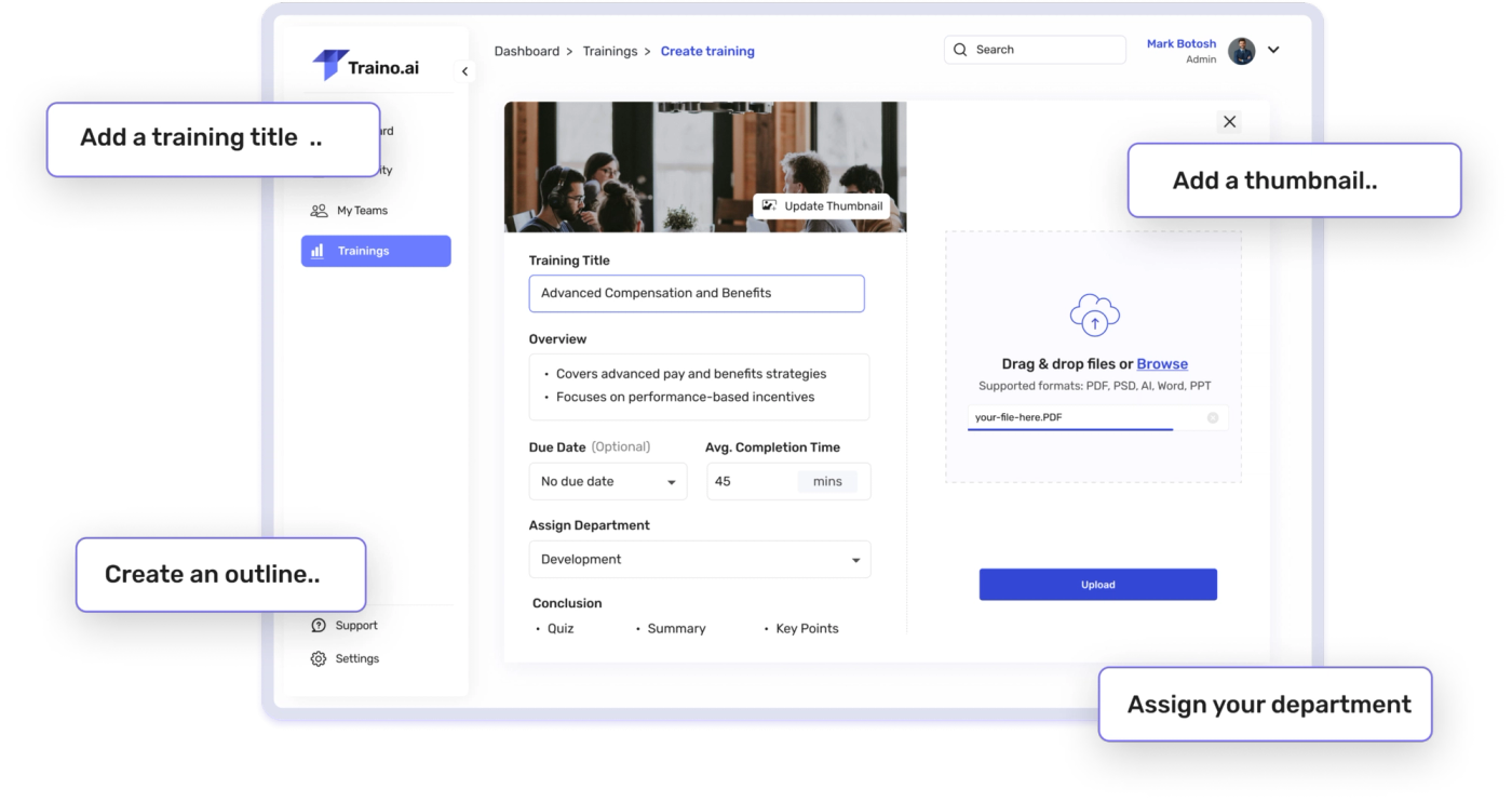 Create training — title, overview, department assignment, and document upload