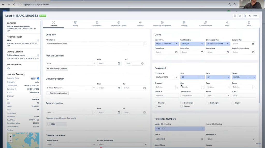 Load info — dispatcher view with locations, equipment, dates, and map