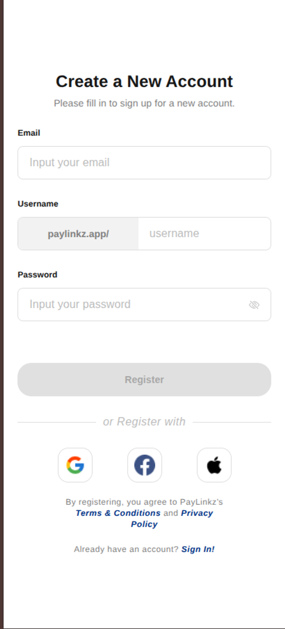 Sign Up — Mobile app create account screen
