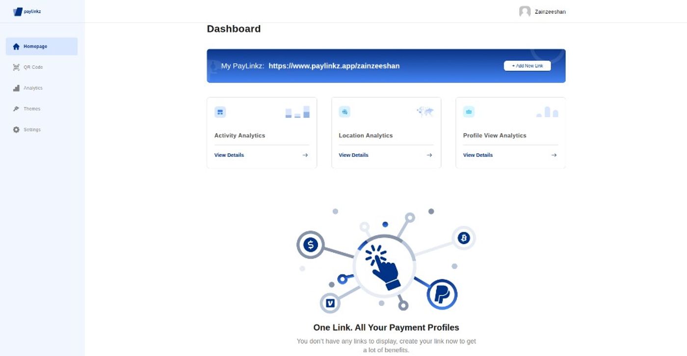 Web Dashboard — Platform homepage with PayLinkz URL and analytics cards