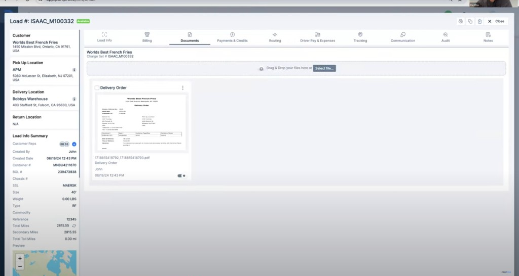 Documents — delivery order upload and file cards on an active load