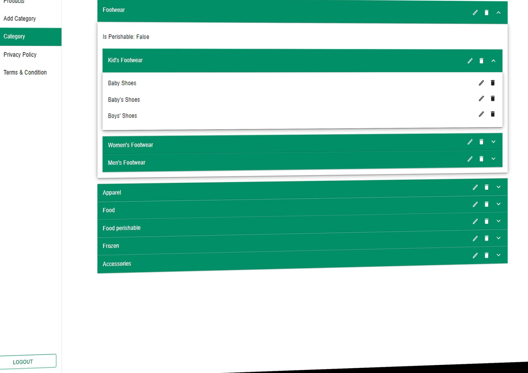 Web dashboard — Category hierarchy