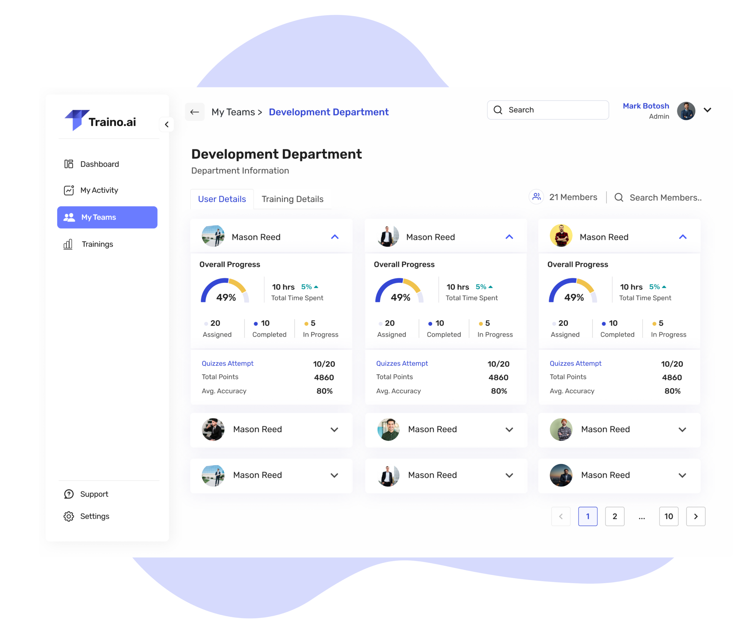 Team management — Development department members, progress, time spent, and quiz performance