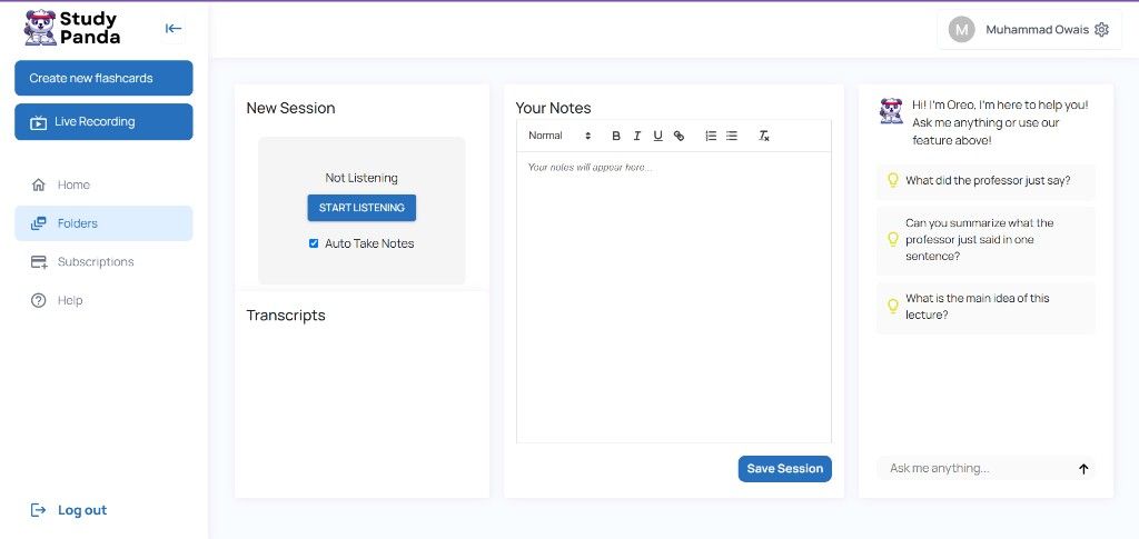 Website — Study workspace with live recording, notes, and Oreo AI assistant