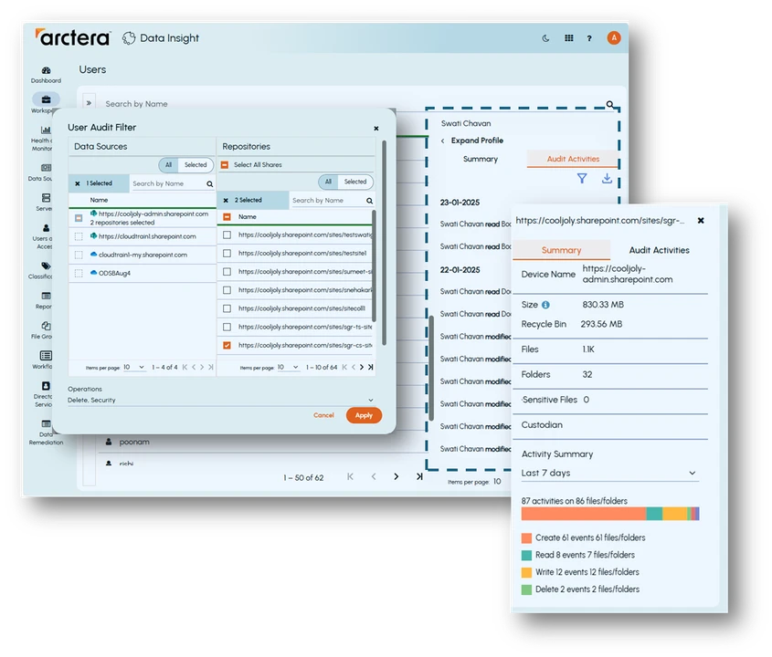 Data Insight user audit filter screenshot - Juniper Release
