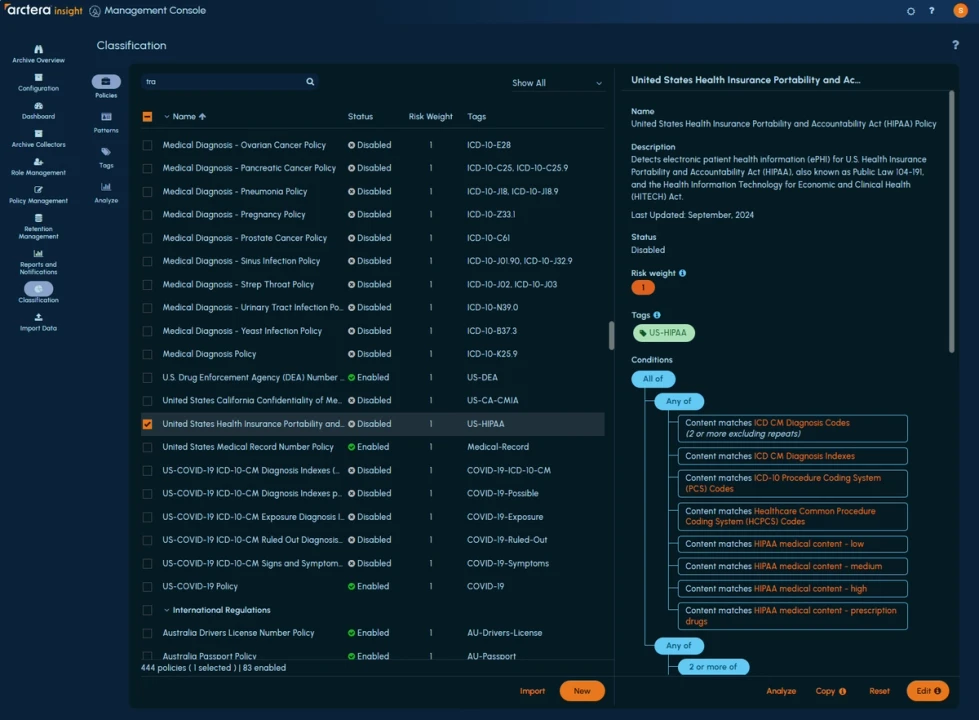 Arctera Data Insight Management Console - Classification Dashboard