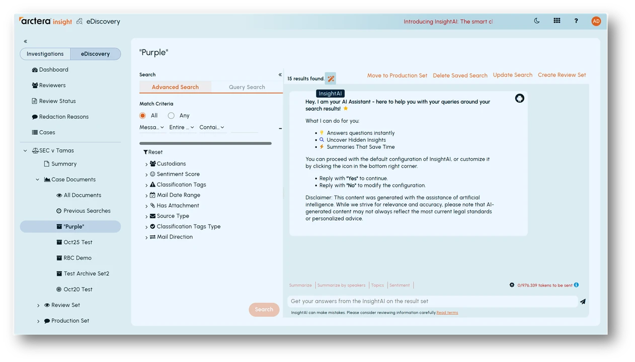 Arctera Insight eDiscovery - AI Assistant screenshot