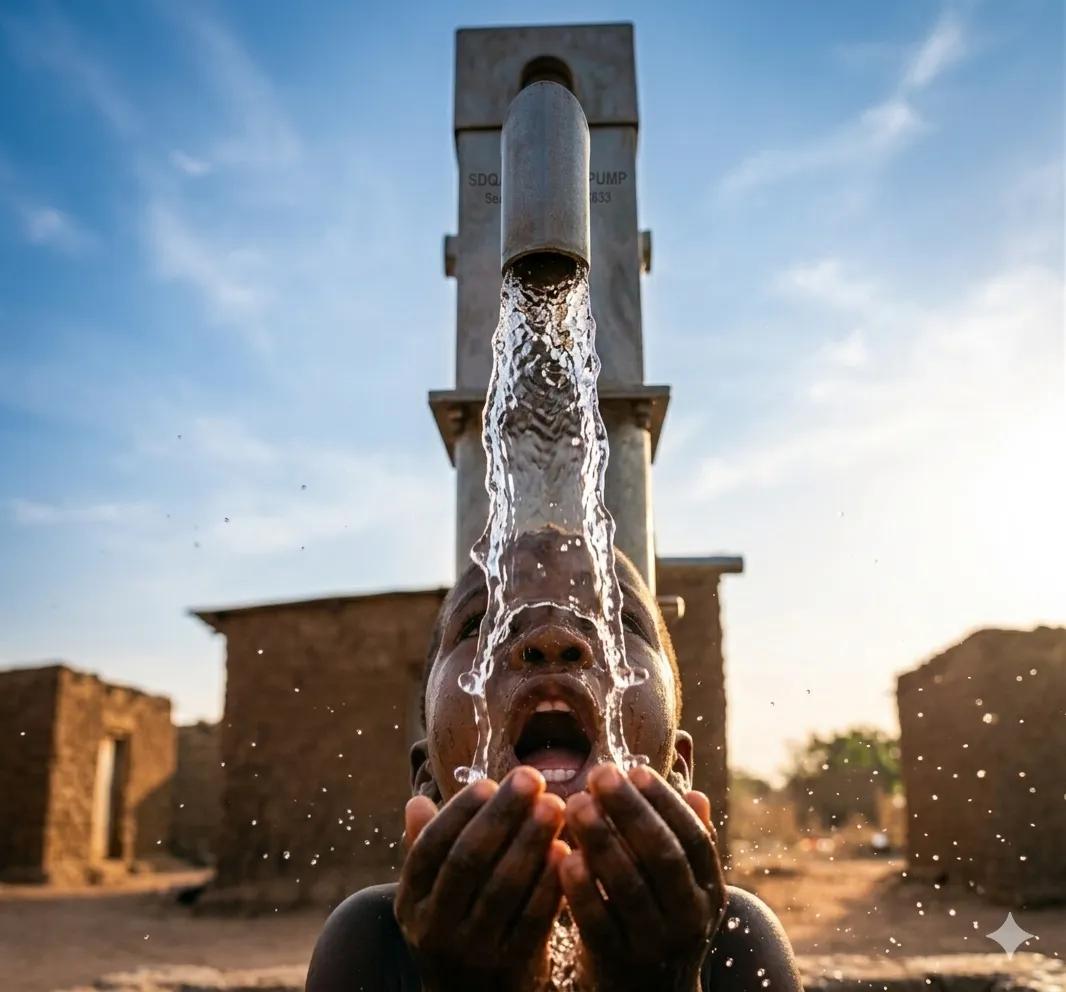 A child drinking clean water from a newly-installed bore pump in Uganda.