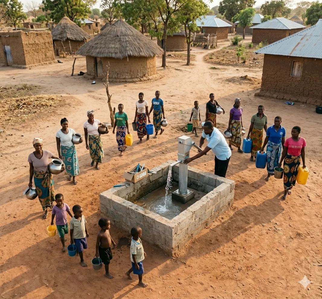 Community gathered around a bore pump in Uganda, filling water containers.
