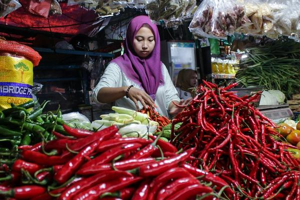 Pedagang di pasar tradisional menata cabai merah di lapaknya, jenis usaha mikro yang paling banyak memakai QRIS