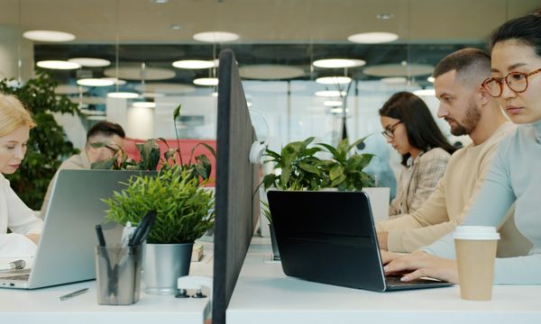 A full open-plan office with a dozen people working on laptops at shared desks, the peak-hour load that makes office Wi-Fi slow
