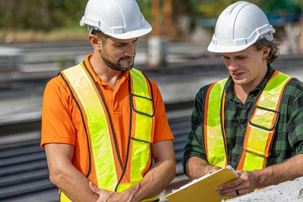 Dua petugas berompi keselamatan dan helm proyek memeriksa daftar periksa di papan jalan, gambaran pemeriksaan keamanan yang dikerjakan tim audit