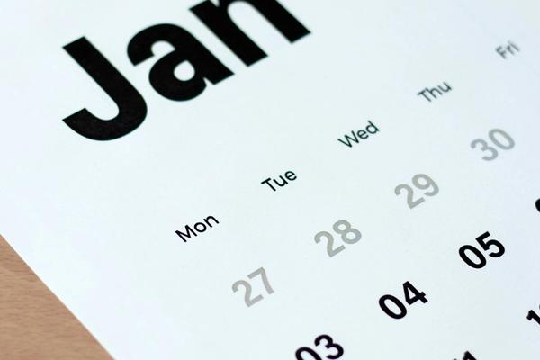 Close-up of a printed January calendar page, the month Indonesian agencies publish their annual procurement plan on SIRUP