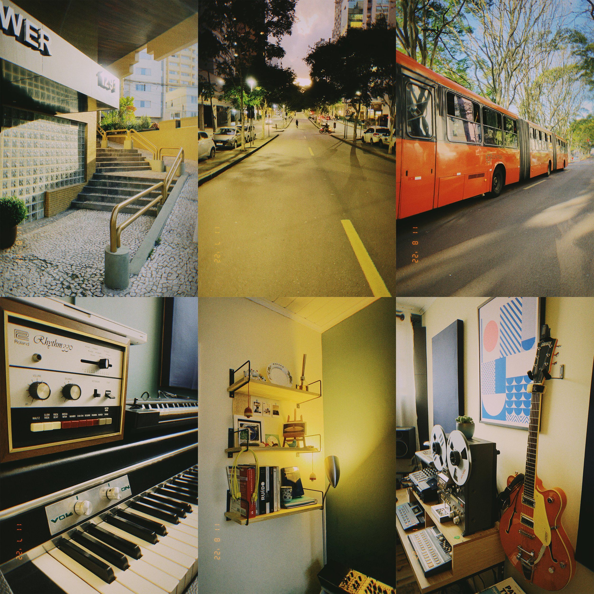 A collage of photos showcasing synth keys and equipment, buildings, streets, and more.