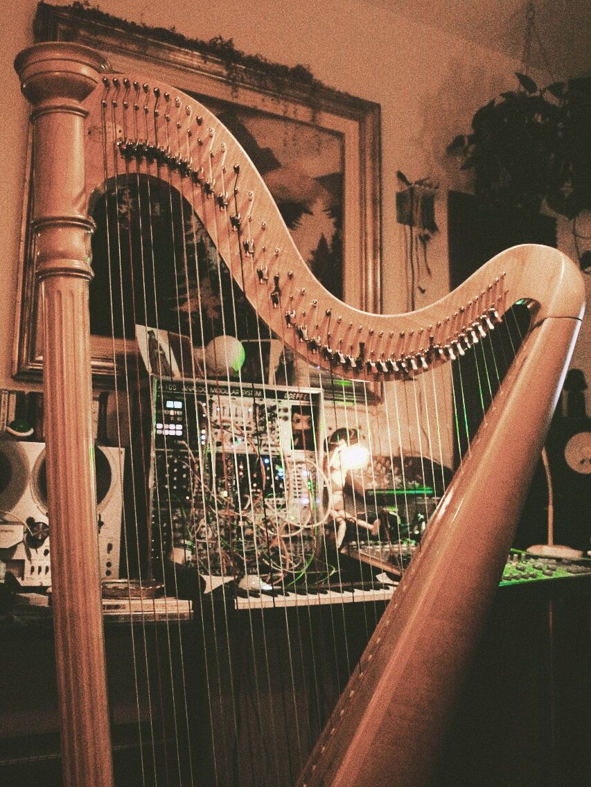 Moody lighting paints across a beautifully-crafted harp that towers in front of a desk set up with modular equipment