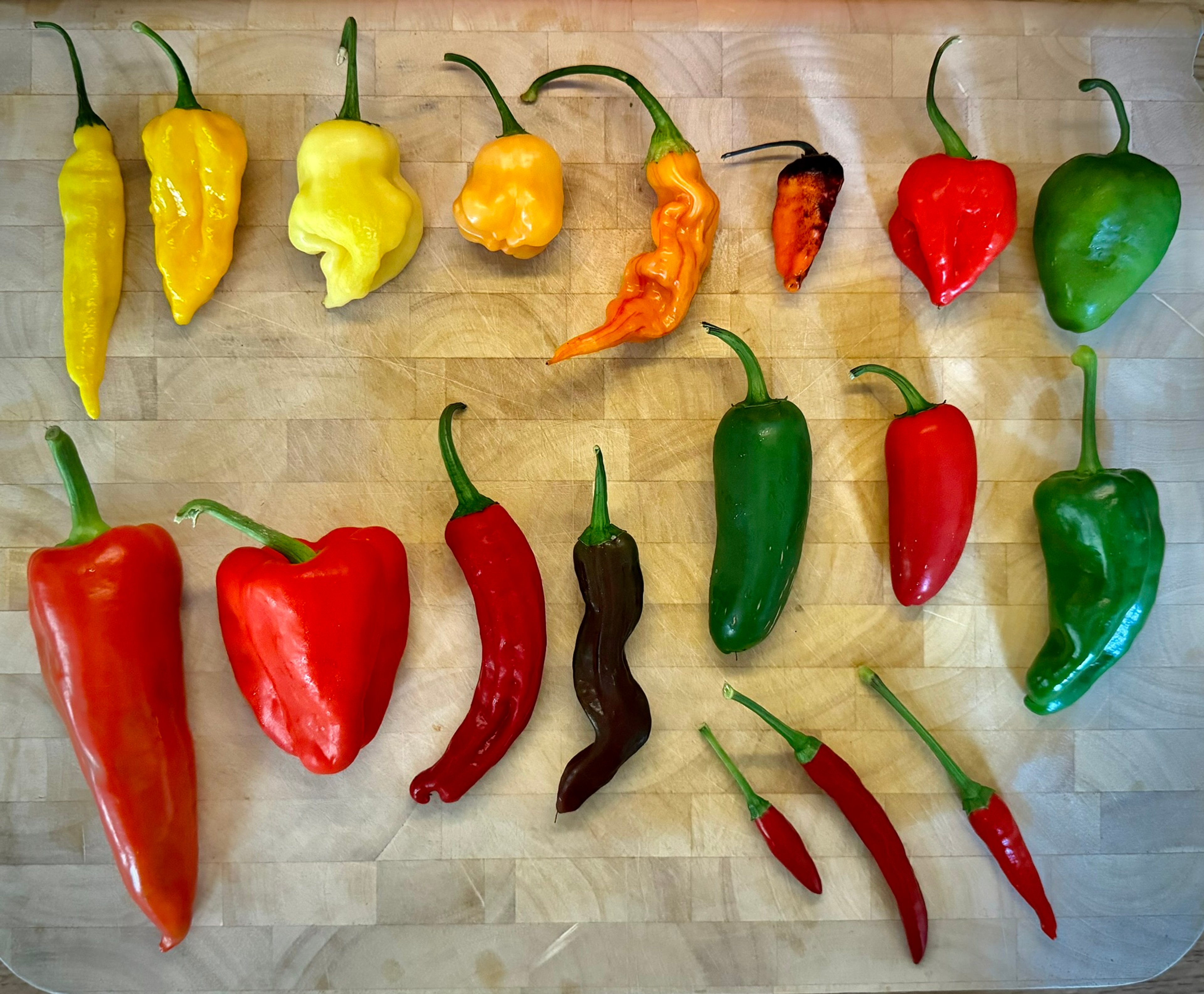 A variety of different chili peppers on a wooden chopping board.