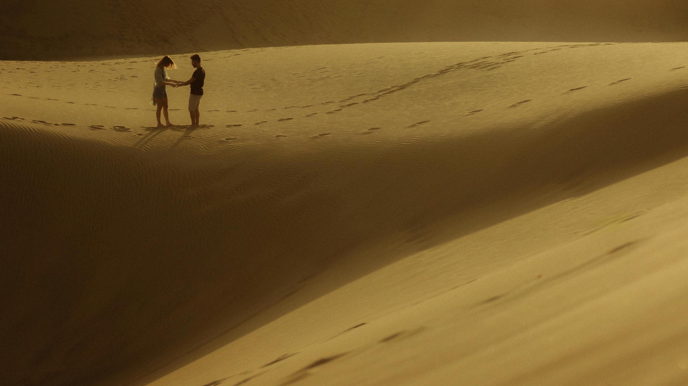 Katja and David standing small among layered golden dune lines.